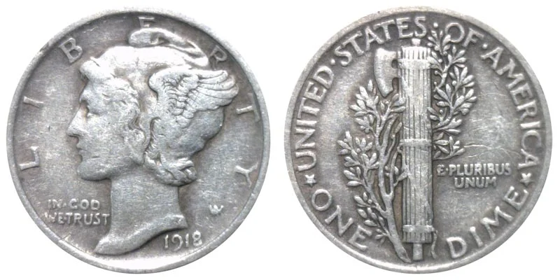1918-D Mercury dime obverse and reverse showing mint mark and design details