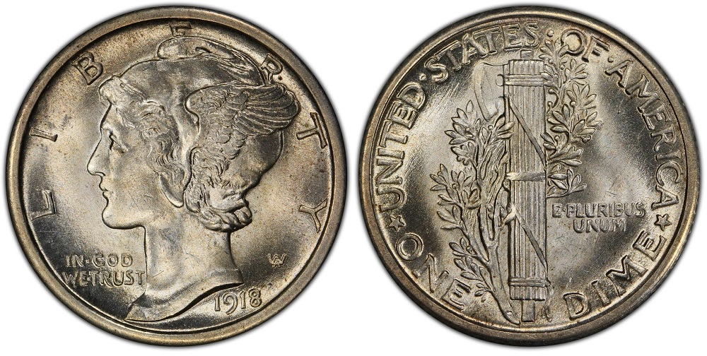 1918 Mercury dime grading strip showing four condition tiers side by side: Good, Fine-VF, EF-AU, and Mint State examples