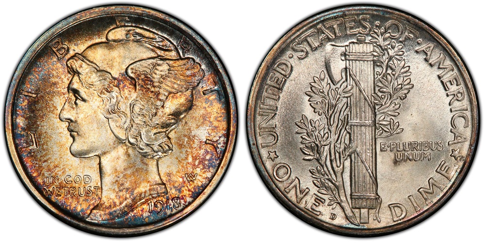 1918-D Mercury dime comparison: standard bands (left) vs Full Bands designation (right), showing split and raised central fasces bands