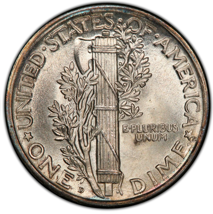 1918-D Mercury dime Full Bands close-up showing completely split and raised central fasces bands