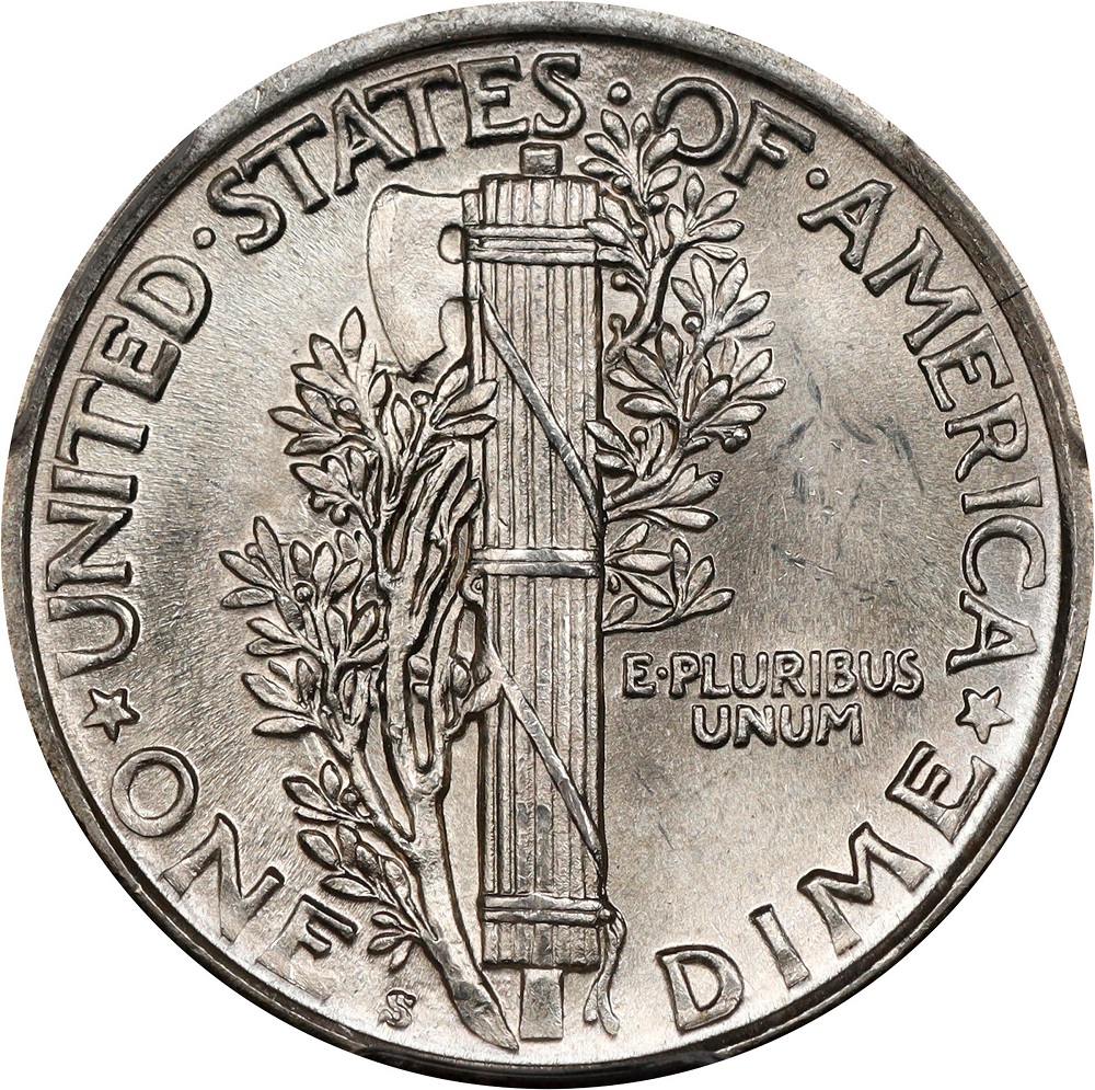 1918-S Mercury dime reverse showing Full Bands designation and S mint mark at lower rim