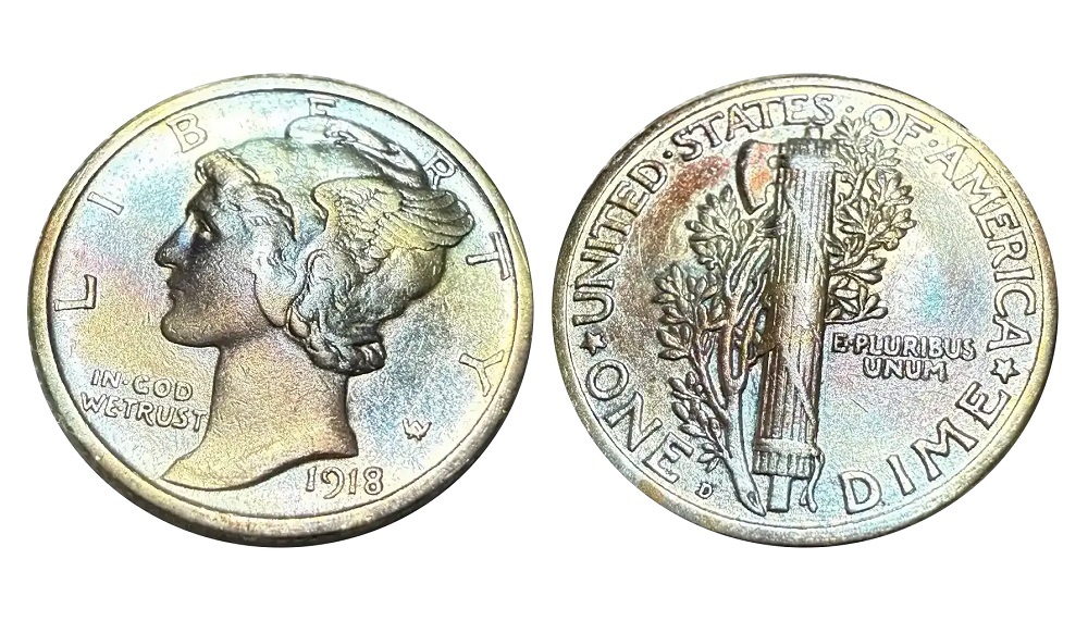 1918-D Mercury dime reverse under magnification showing repunched mint mark with secondary ghost impression of the D mint mark
