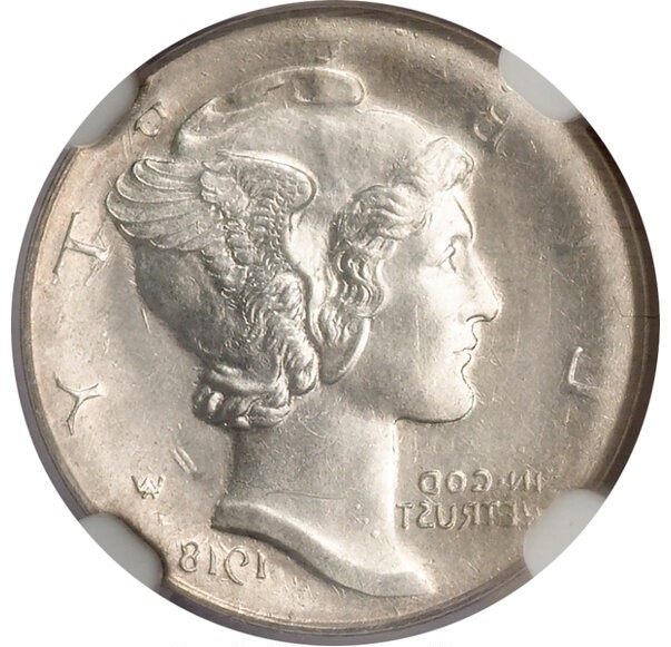 1918 Mercury dime mirror brockage error showing incuse mirrored obverse design impressed into the reverse instead of the normal fasces design